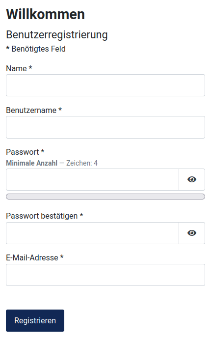 Ansicht des Registrieren Formulars